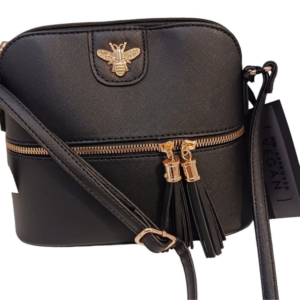 Bumblebee Purse Crossbody Black Bag Adjustable Tassle Bee Faux Leather Glam New!